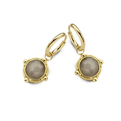 Gold ion plated stainless steel hoops earrings with round Labradorite pendant