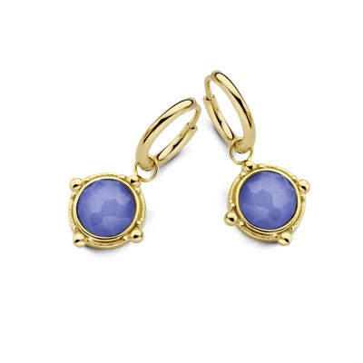 Gold ion plated stainless steel hoops earrings with round Lapis Lazuli pendant