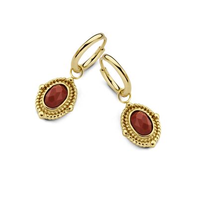 Gold ion plated stainless steel hoops earrings with oval red stone pendant