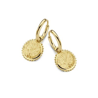 Gold ion plated stainless steel hoops earrings dos pesos charm