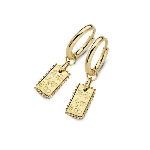 Gold ion plated stainless steel hoops earrings rectangle charm