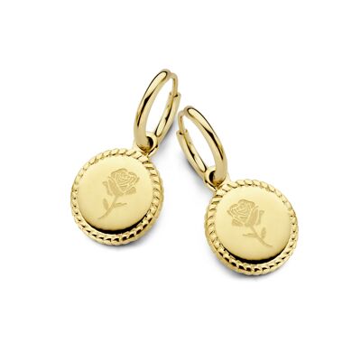 Gold ion plated stainless steel hoops earrings with round pendant rose