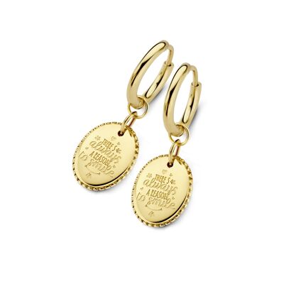 Gold ion plated stainless steel hoops earrings oval charm there is always a reason tekst
