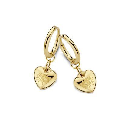 Gold ion plated stainless steel hoops earrings heartshape Horu eyes charm