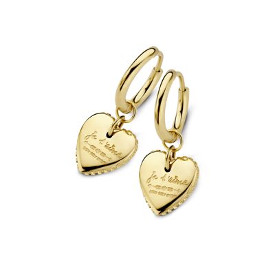 Gold ion plated stainless steel hoops earrings heartshape Je t'aime text charm