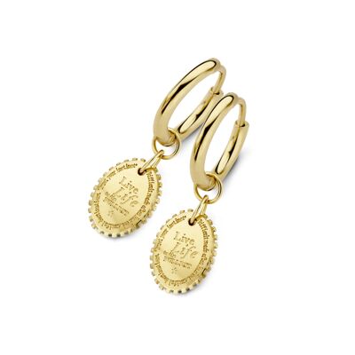 Gold ion plated stainless steel hoops earrings oval charm live life tekst