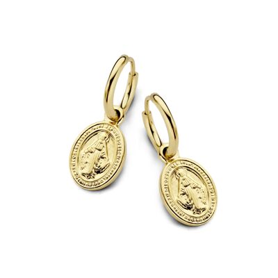 Gold ion plated stainless steel hoops earrings with oval Maria charm