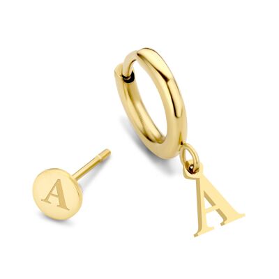 Gold ion plated stainless steel ear stud and hoops letter A charm