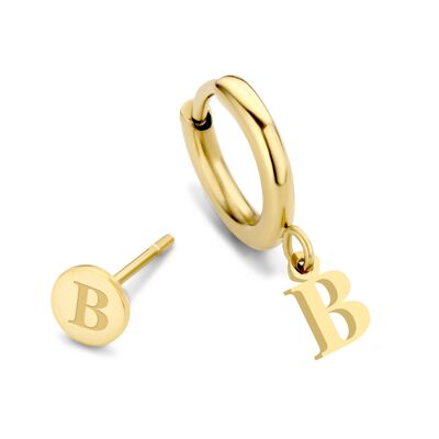 Ciondolo a forma di lettera B con orecchini a bottone in acciaio inossidabile placcato agli ioni d'oro