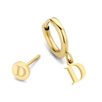 Gold ion plated stainless steel ear stud and hoops letter D charm