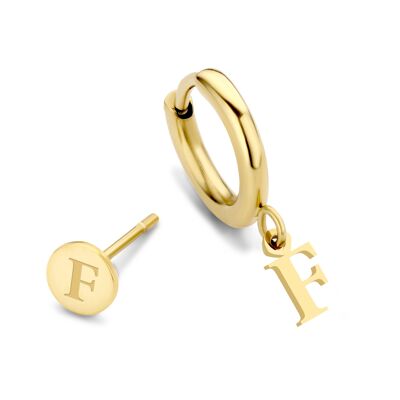 Gold ion plated stainless steel ear stud and hoops letter F charm