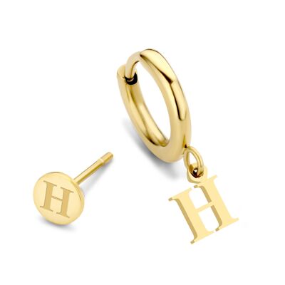 Ciondolo a forma di lettera H con orecchini a bottone in acciaio inossidabile placcato agli ioni d'oro