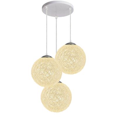 Hochwertige Rattan Pendelleuchte mit 3 Köpfe Kugel, 20 cm, Creme~2046