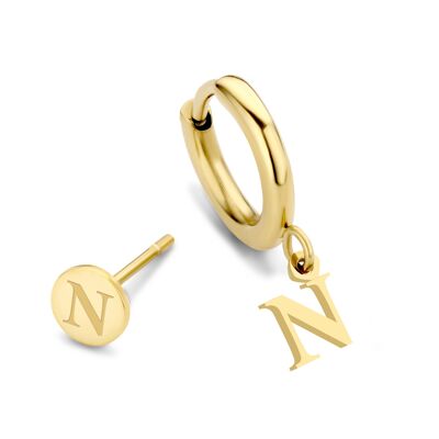 Gold ion plated stainless steel ear stud and hoops letter N charm