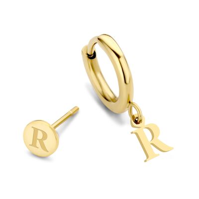 Ciondolo a forma di lettera R con orecchini a bottone e cerchi in acciaio inossidabile placcato agli ioni d'oro