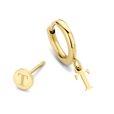 Ciondolo a forma di lettera T con orecchini a bottone e cerchi in acciaio inossidabile placcato in oro