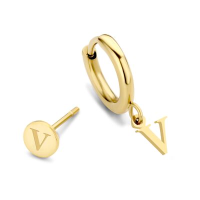 Gold ion plated stainless steel ear stud and hoops letter V charm
