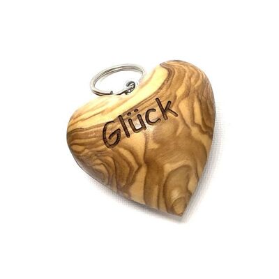 Keychain heart motif "HAPPINESS" made of olive wood