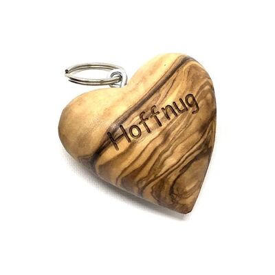 Llavero con motivo de corazón "HOFFNUNG" de madera de olivo
