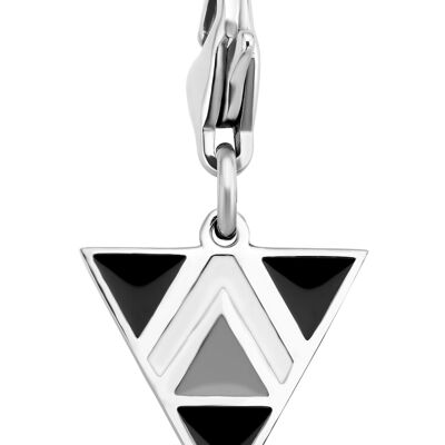 Charm de esmalte negro / blanco y gris con superposición de triángulo de acero inoxidable