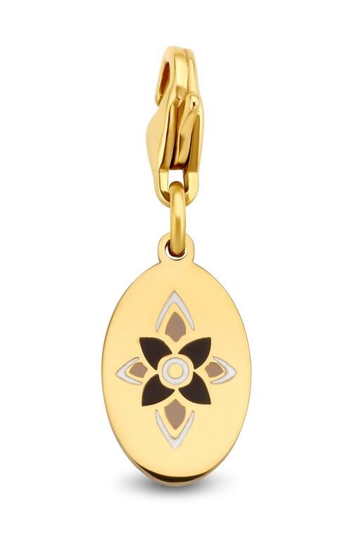 Gold ion plated stainless steel oval overlay flower enamel charm