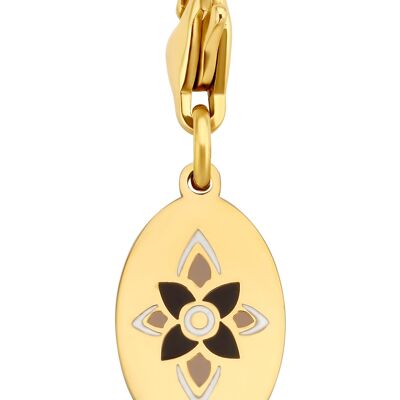 Gold ion plated stainless steel oval overlay flower enamel charm