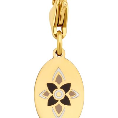 Charm de esmalte de flor con recubrimiento ovalado de acero inoxidable bañado en iones de oro