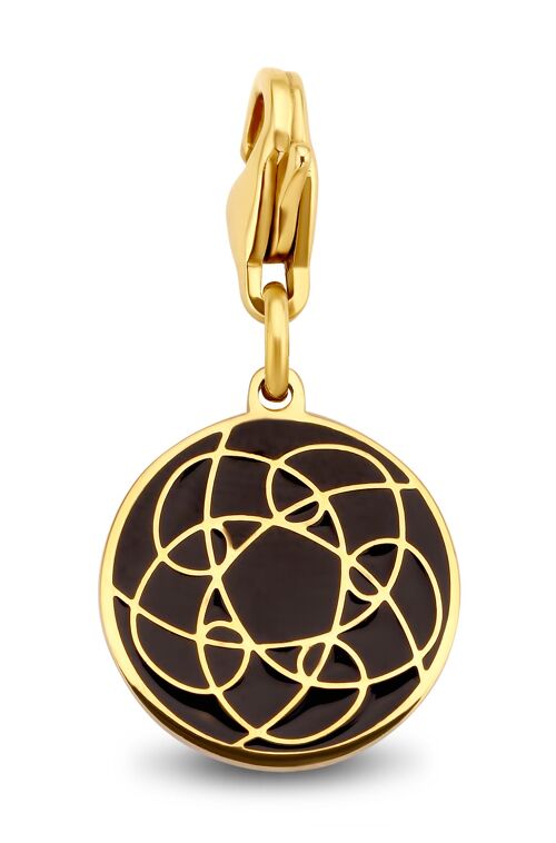 Gold ion plated stainless steel round overlay black enamel charm