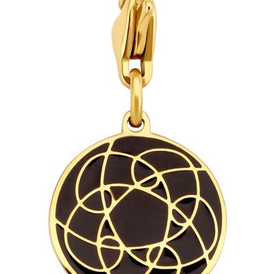 Gold ion plated stainless steel round overlay black enamel charm