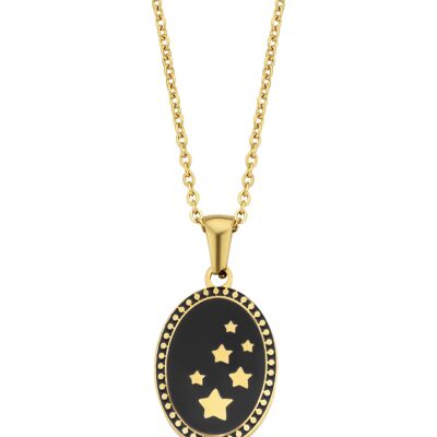 Gold ion plated stainless steel necklace with oval overlay black enamel & stars pendant