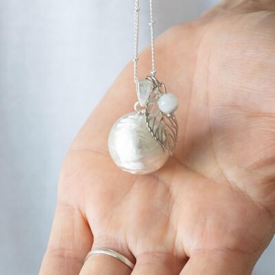 Pregnancy bola brushed silver moonstone pearl leaf charm