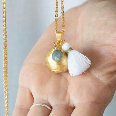 Maternity bola brushed yellow gold labradorite stone pompom