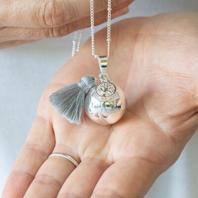 Silver smooth pregnancy bola with pompom tree of life charm