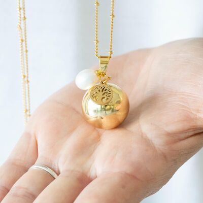 Pregnancy bola smooth yellow gold freshwater pearl tree of life charm