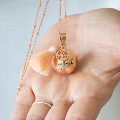 Rose gold smooth pregnancy bola with tree of life pompom charm