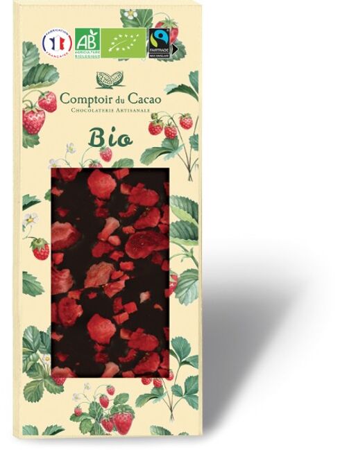 Tablette bio noir fraises - 90g - Produit issu de l'agriculture biologique certifié conforme par Ecocert FR-BIO-01