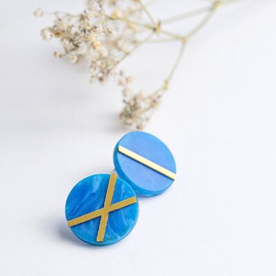 Wood and resin earrings, circle - Blue