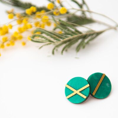 Wood and resin earrings, circle - Green