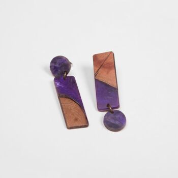 Boucle d'oreille bois et résine, rectangle - Violet 1