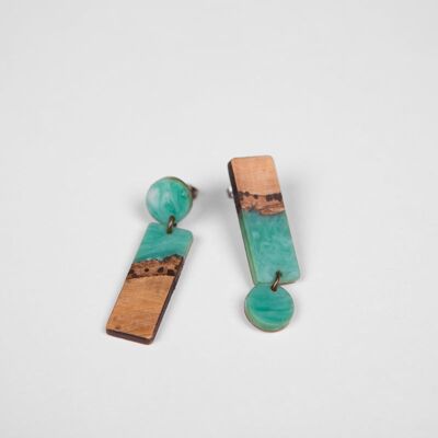 Wood and resin earring, rectangle - Green