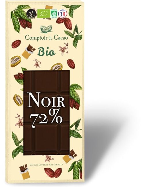 Tablette bio noir nature 72 % - 90g - Produit issu de l'agriculture biologique certifié conforme par Ecocert FR-BIO-01