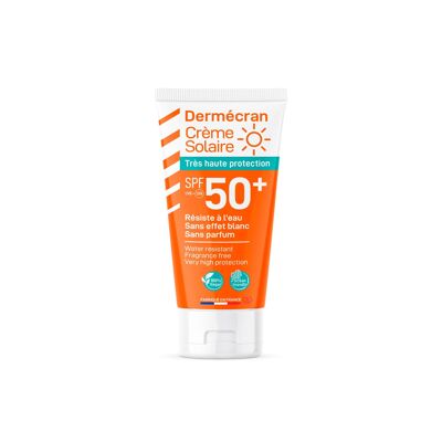 Dermécran – Crème solaire très haute protection SPF 50+ Vegan et Océan Friendly, sans parfum, sans colorant, sans conservateurs controversés- Tube 50 ml