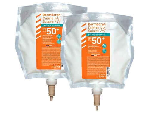 Dermécran – Crème solaire très haute protection SPF 50+ Vegan et Océan Friendly, sans parfum, sans colorant, sans conservateurs controversés - Lot de 2 Poches 800 ml pour distributeur SORIBAG®