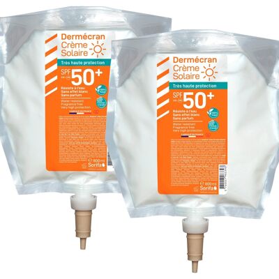 Dermscreen - Very high protection sunscreen SPF 50+ Vegan and Ocean Friendly, fragrance-free, dye-free, controversial preservative-free - Set of 2 800 ml pouches for SORIBAG® dispenser