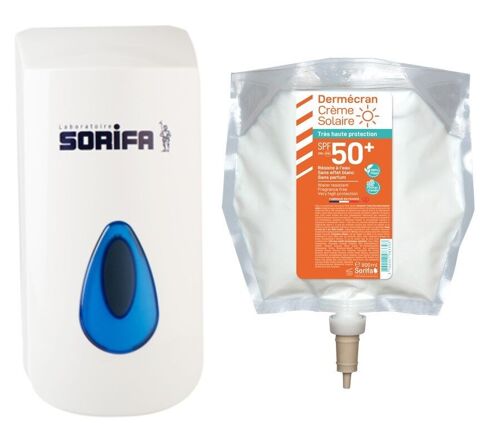 PACK 1 DISTRIBUTEUR + 1 POCHE 800 ML SOLAIRE SPF50+ Vegan et Océan Friendly, sans parfum, sans colorant, sans conservateurs controversés