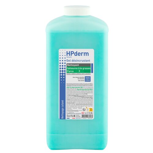 HPderm® Gel nettoyant microbilles FORCE 3 - gel nettoyant sans solvant à fort pouvoir tensioactif et désincrustant  - salissures moyennes - utilisation professionnelle- Flacon 2.5L