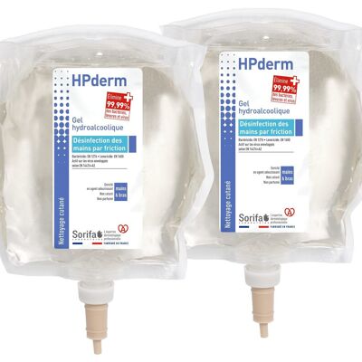 HPderm® Gel Hydroalcoolique - Désinfection des mains par friction - Lot de 2 poches 800 ml pour distributeur mural SORIBAG