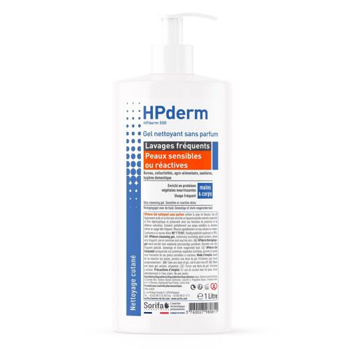 HPderm® Gel nettoyant sans parfum- lavage fréquent des peaux sensibles ou réactives - Ph neutre - Flacon pompe 1L