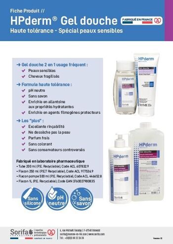 HPderm® Gel Douche Haute tolérance- Formule haute tolérance pour peaux sensibles et cheveux fragilisés - Flacon 1L 2