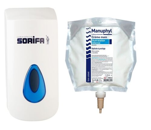 Manuphyl® Hydratation Intense - Crème main hydratante et protectrice - DISTRIBUTEUR SORIBAG + 1 POCHE MANUPHYL 800 ML